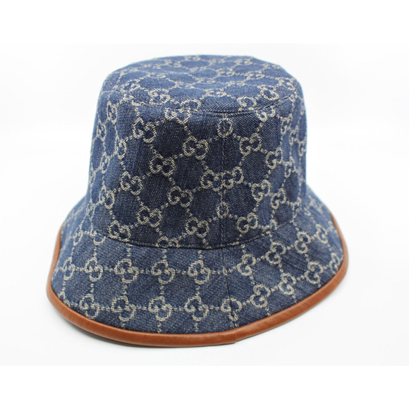 F0 Auth GUCCI Navy Denim Leather Brim LOGO Bucket Hat 576371 $580 Size S - Picture 3 of 5